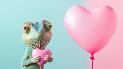 A smiling chameleon holds a pink heart-shaped balloon. plain bright colored background. place for text.