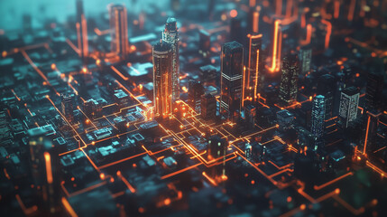 Smart digital Innovation city with connection network reciprocity over the twilight cityscape. of future smart wireless digital city and social media networking systems that connects people with city
