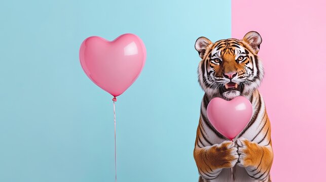 A smiling tiger holds a pink heart-shaped balloon. plain bright colored background