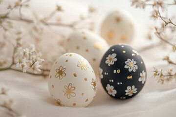 Fototapeta premium Three beautifully decorated Easter eggs rest on a soft white cloth, showcasing vibrant colors and intricate designs.