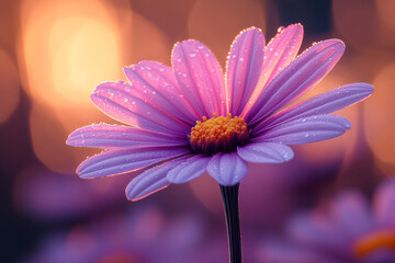 A Dew Kissed Purple Daisy at Sunset