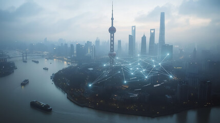 Smart digital Innovation city with connection network reciprocity over the twilight cityscape. of future smart wireless digital city and social media networking systems that connects people with city
