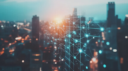 Obraz premium Smart digital Innovation city with connection network reciprocity over the twilight cityscape. of future smart wireless digital city and social media networking systems that connects people with city 