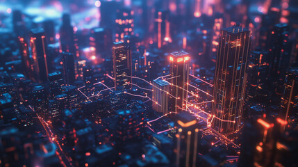 Fototapeta premium Smart digital Innovation city with connection network reciprocity over the twilight cityscape. of future smart wireless digital city and social media networking systems that connects people with city 