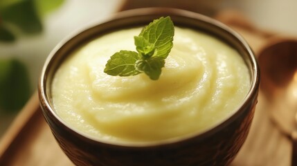 Close-Up of Creamy Vanilla Pudding Dessert, Garnished with Fresh Mint Sprig in a Rustic Bowl.