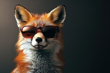 fox in sunglasses on a monochromatic background, surreal portrait of an animal. place for text. on the side.