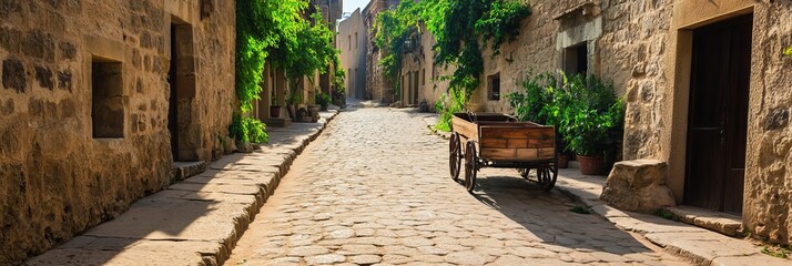 A serene view of a cobblestone street lined with historic stone buildings and greenery, featuring a wooden cart adding rustic charm. street perspective
