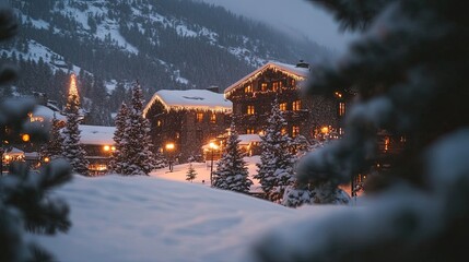 Snow-covered village at Christmas, twinkling lights, cozy cottages, pine trees, festive atmosphere 