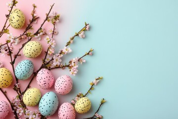 Obraz premium A vibrant close-up of colorful eggs nestled on a branch adorned with delicate flowers, celebrating the essence of Easter.