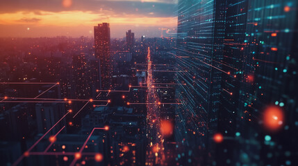 Obraz premium Smart digital Innovation city with connection network reciprocity over the twilight cityscape. of future smart wireless digital city and social media networking systems that connects people with city 