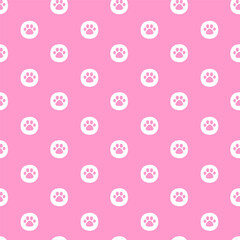 Vector hand drawn seamless pattern. Arranged paw prints of pets in polka dots white colors on pink background