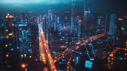 Obraz premium Smart digital Innovation city with connection network reciprocity over the twilight cityscape. of future smart wireless digital city and social media networking systems that connects people with city 