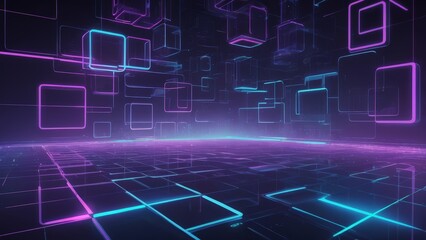 Obraz premium Futuristic Neon Grid with Floating Cubes in a Digital Space