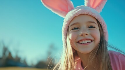A cheerful girl in a pink bunny hat beams with joy, embodying the festive spirit of Easter celebrations.