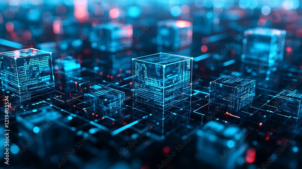 Poster a 3d-rendered background with a grid of floating, transparent cubes, each displaying different digit