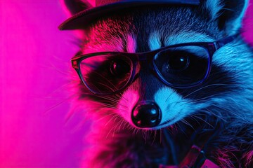 Naklejka premium raccoon neon light. plain colored bright background. in glasses and a hat. unusual lighting