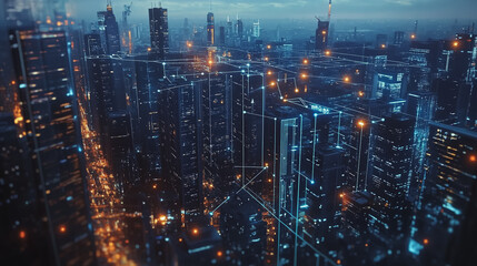 Naklejka premium Smart digital Innovation city with connection network reciprocity over the twilight cityscape. of future smart wireless digital city and social media networking systems that connects people with city 