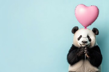 Smiling panda holding a pink heart-shaped balloon. plain bright colored background.
