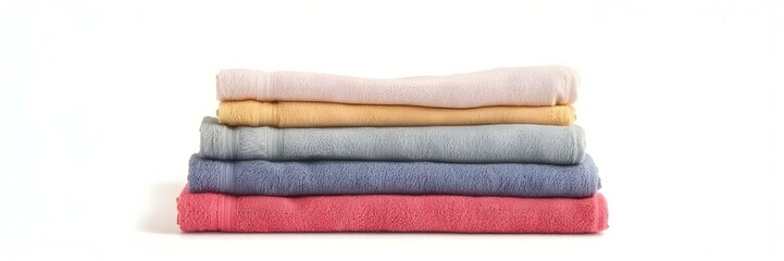 A neatly folded stack of colorful towels, isolated on white background, full depth of field
