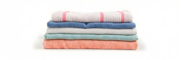 A neatly folded stack of colorful towels, isolated on white background, full depth of field