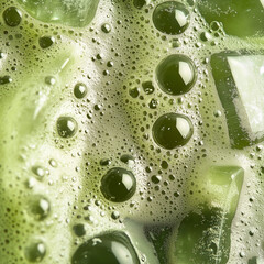 A detailed macro close-up of the iced matcha latte surface with vibrant green matcha and intricate details under natural daylight.