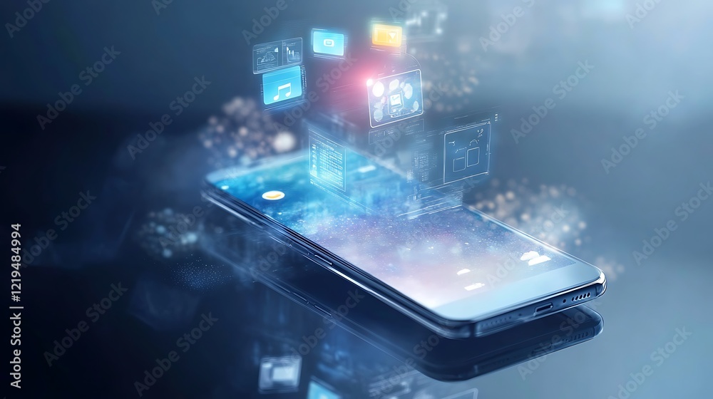 Poster a background featuring a transparent smartphone with augmented reality applications floating above i