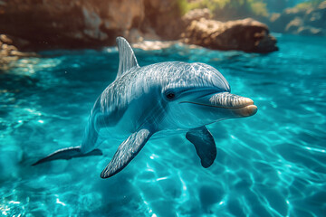 Obraz premium A Bottlenose Dolphin Swims in Clear Ocean Water