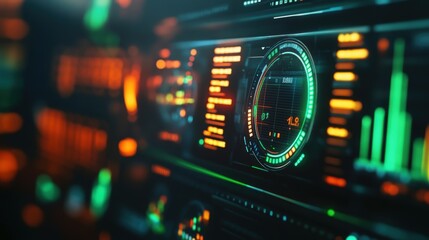 Obraz premium An upclose capture of a dashboard widget that tracks fuel consumption metrics with green indicators suggesting lower fuel usage due to shorter shipping distances after reshoring.