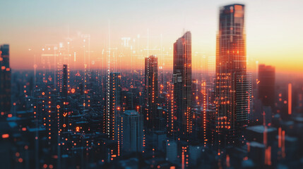 Fototapeta premium Smart digital Innovation city with connection network reciprocity over the twilight cityscape. of future smart wireless digital city and social media networking systems that connects people with city 