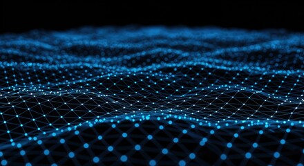 Abstract digital landscape with glowing blue network grid