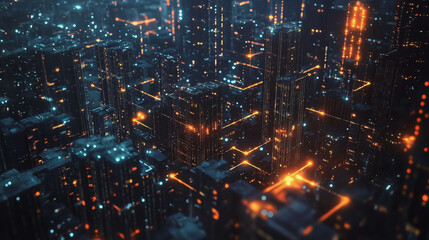 Fototapeta premium Smart digital Innovation city with connection network reciprocity over the twilight cityscape. of future smart wireless digital city and social media networking systems that connects people with city 