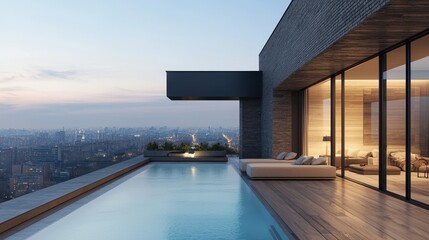 Fototapeta premium A modern rooftop pool with a scenic city view, featuring sleek design and a tranquil atmosphere during twilight.