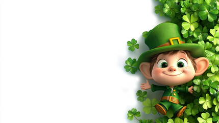 Cheerful leprechaun lying on a bed of clovers on transparent png background for St. Patrick's Day designs and festive branding