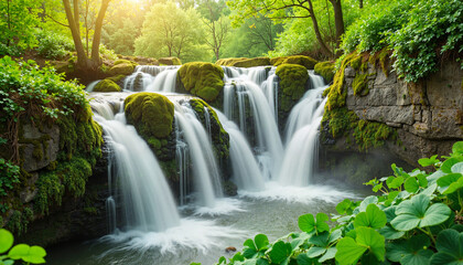 Naklejka premium Enchanting green waterfalls cascading over cliffs in forest, St. Patrick's Day