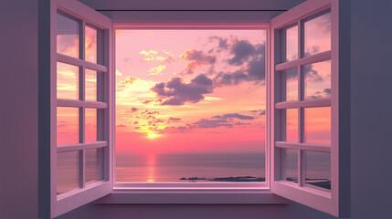 Majestic ocean pink sunset view through open window at dusk © Nitana Film Media