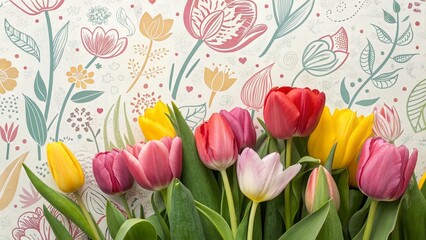 Obraz premium Spring Tulip Flower Doodle Pattern: Colorful Floral Wallpaper Design for Packaging & Decor