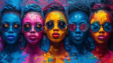 Obraz premium Group gang of five pretty lucky girls with big lips and closed eyes. Creative concept of happy paint smeared girls with glasses on vacation. Abstract composition. Close up.