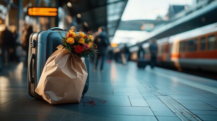 Obraz premium A stylish suitcase filled with vibrant flowers sits on a train platform, symbolizing the merging of travel, beauty, and personal expression in everyday life and adventures.