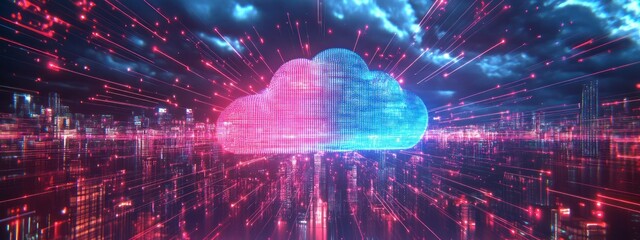 Obraz premium A digital cloud representation with vibrant colors and data streams, symbolizing technology.