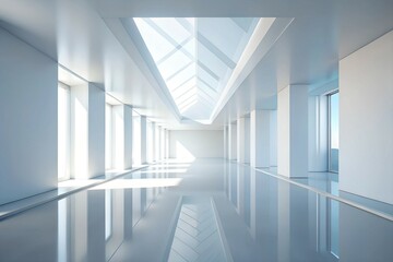 Obraz premium Futuristic minimalist corridor with symmetrical geometry and polished reflections modern 3D render.