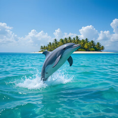 Obraz premium dolphin jumping out of water.Playful Dolphin Leaps Over Turquoise Waters Near Tropical Island