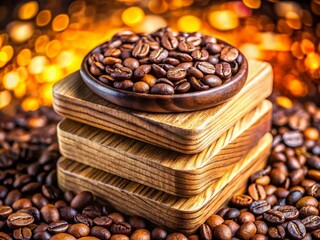 Fototapeta premium Stacked Coasters Mockup: Double Exposure Photography of Wooden Coasters & Coffee Beans