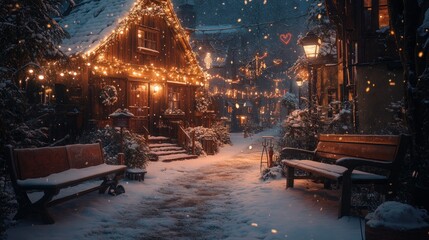 Snowy village street, Christmas lights, snowfall, romantic ambiance, winter holiday card