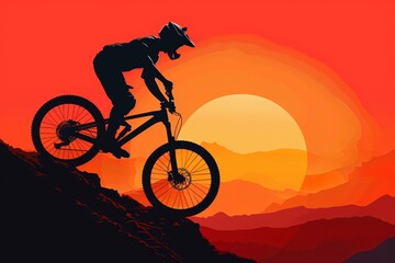 Fototapeta premium Silhouette of a mountain biker as the sun sets, creating a vibrant orange and red backdrop against the rugged landscape. stunt cycling