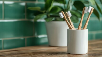 An artistic arrangement of bamboo toothbrushes in a white container showcasing a minimalist design, surrounded by indoor plants that complement the serene home decor.