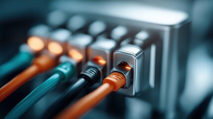 An array of vibrant network cables connecting to a switch, showcasing technology and connectivity in modern digital environments with glowing indicators.