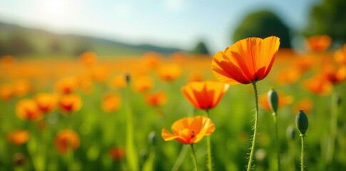 Bright orange poppy-like flowers in a field of green, orange, meadow