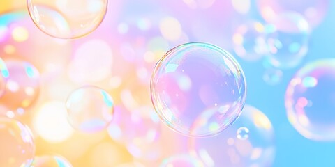 Soap bubbles with rainbow iridescent reflections on pastel background. Spring cleaning concept. 