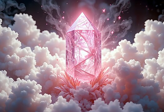 A kunzite crystal radiating a soft pink light against an ethereal background