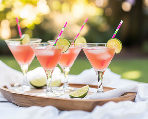 Trio of Cosmopolitans arranged on a tray for an elegant garden party setup.